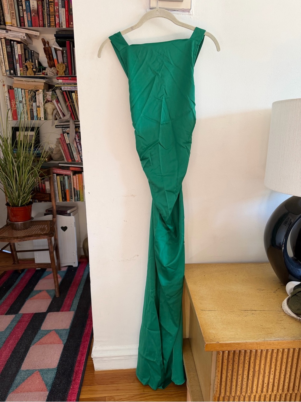 Commense Emerald Green Cowl Satin Back Cross Long Dress, M